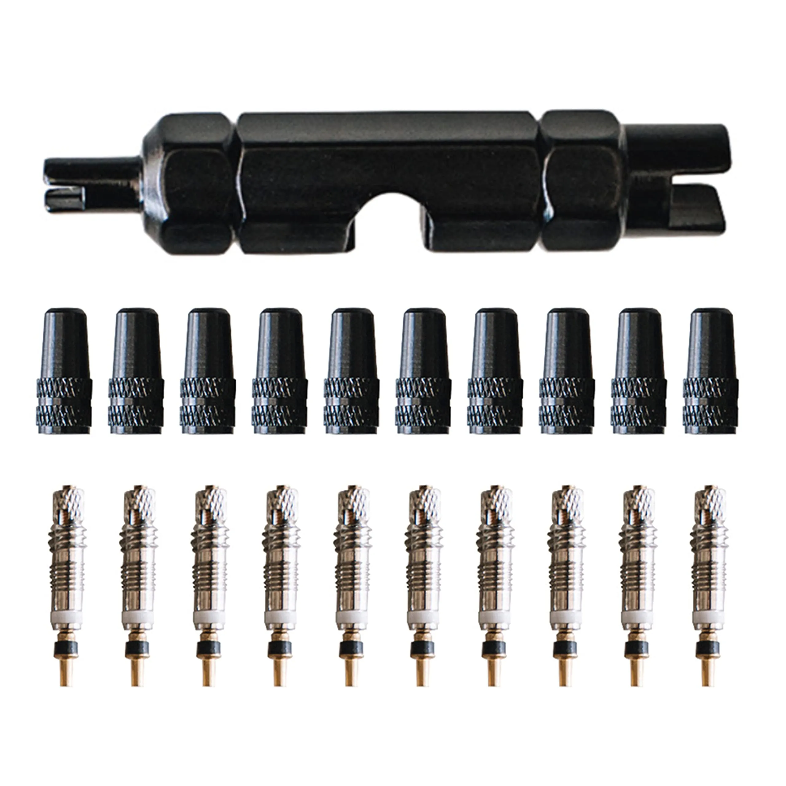 Presta Valve Core Bike Kit - 10 Brass Valve Cores, Alloy Caps, Removal Tool for MTB & Road Bicycles