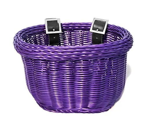 Purple Kids Bike Basket - Water Resistant, Adjustable Leather Straps, Hand-Woven, Food-Safe, 10'x7'x6.75'