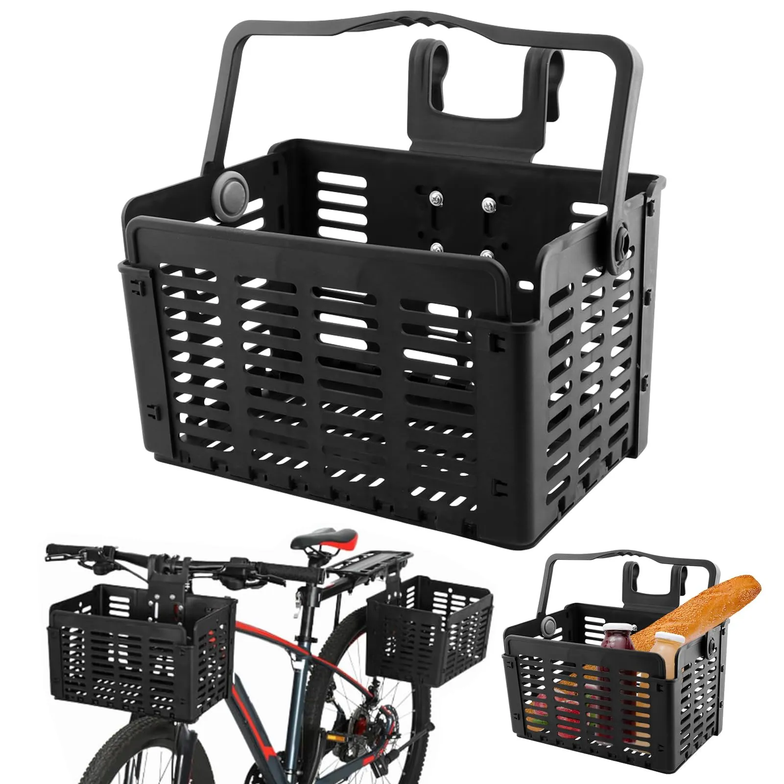 Quick Release Foldable Bicycle Front Basket - 12.4x8.86x8.07inch, Black, Detachable & Practical