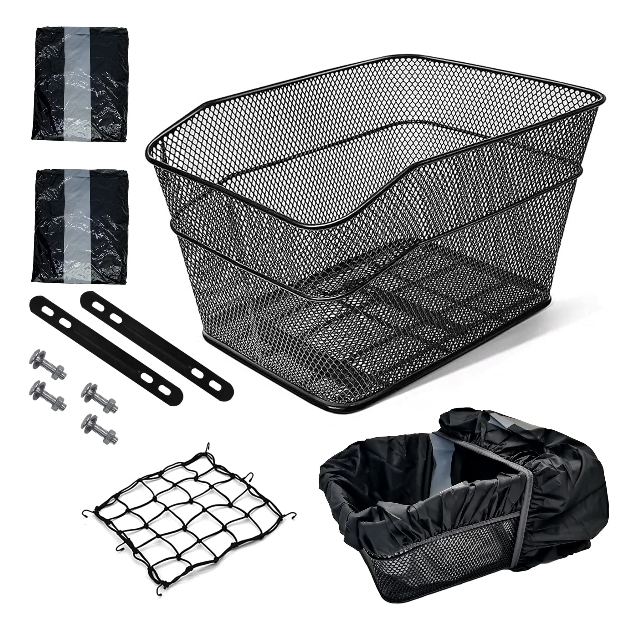 Rear Bike Basket - 15.45x11.6x7.1 inches, Waterproof Reflectors, Cargo Net, High-Quality Metal