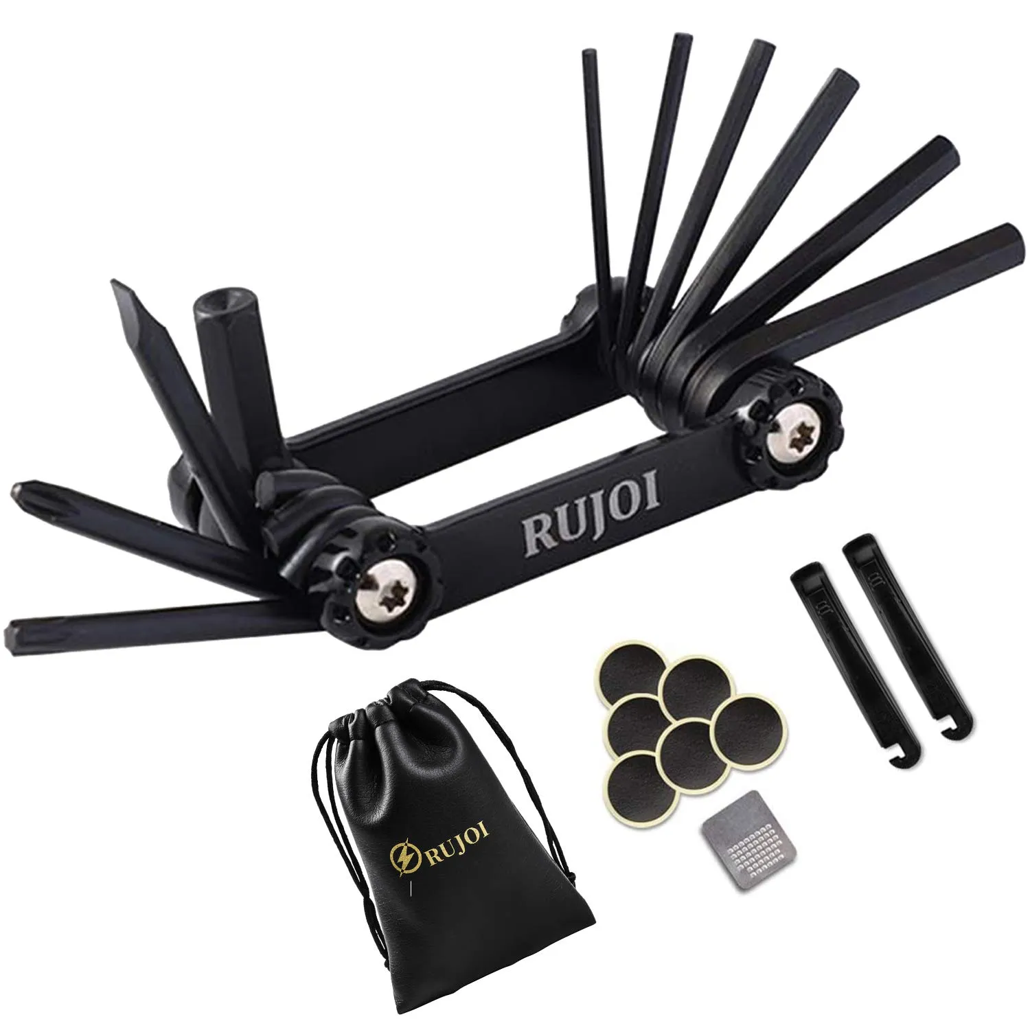 RUJOI 10-in-1 Bike Repair Tool Kit with Stainless Tire Lever and Glueless Patch for Cycling