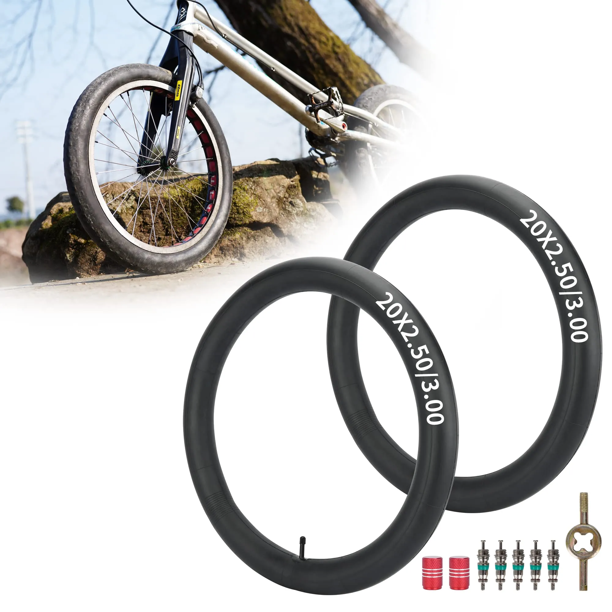 RUTU 20 Inch Bike Tube 20x1.125/1.50/1.75/2.50/3.0/3.5/4.0 with Installation Accessories - 2 Pack