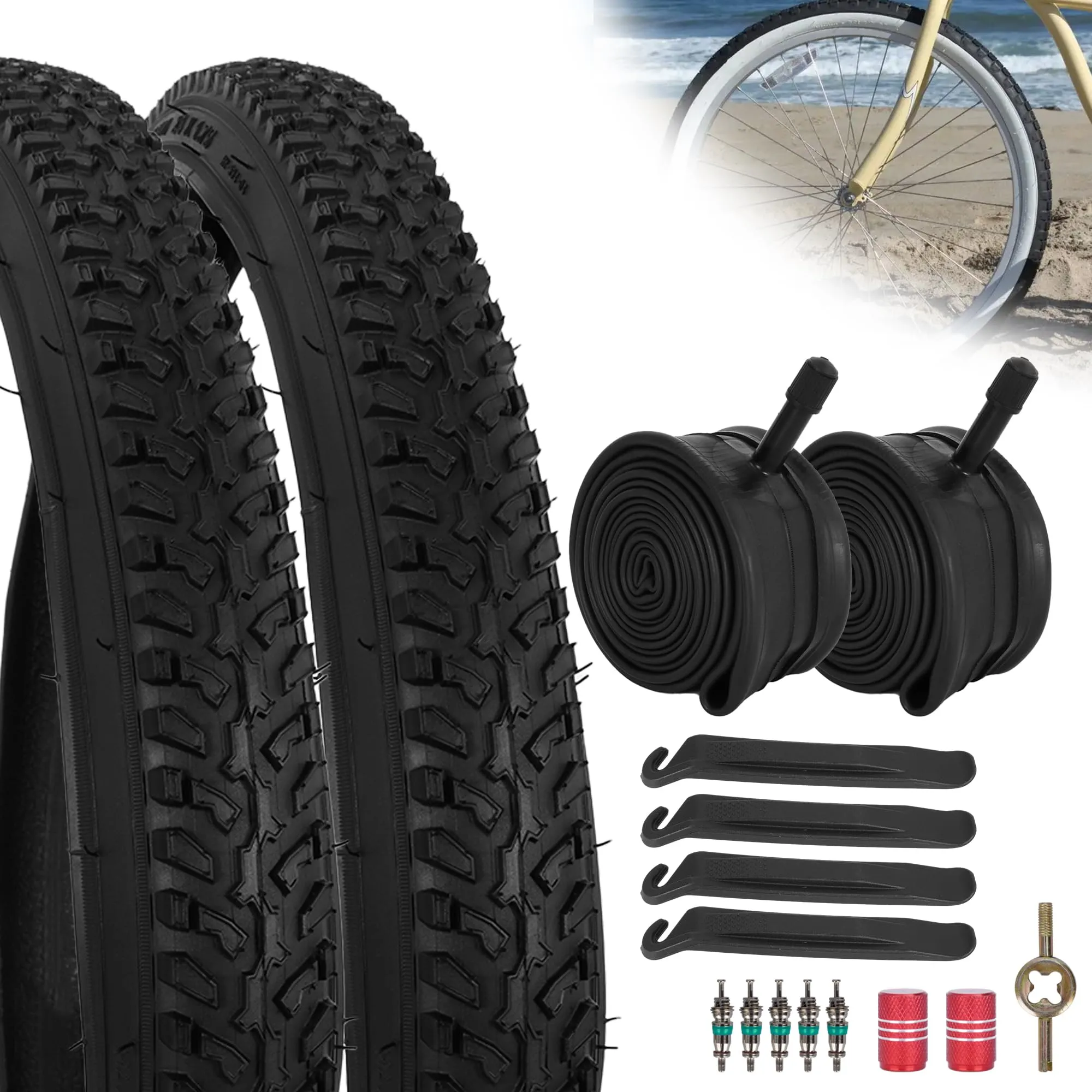 RUTU 24x1.75 Foldable Bike Tire & Tube Set for MTB, Beach Cruiser, Wheelchair - Durable & Practical