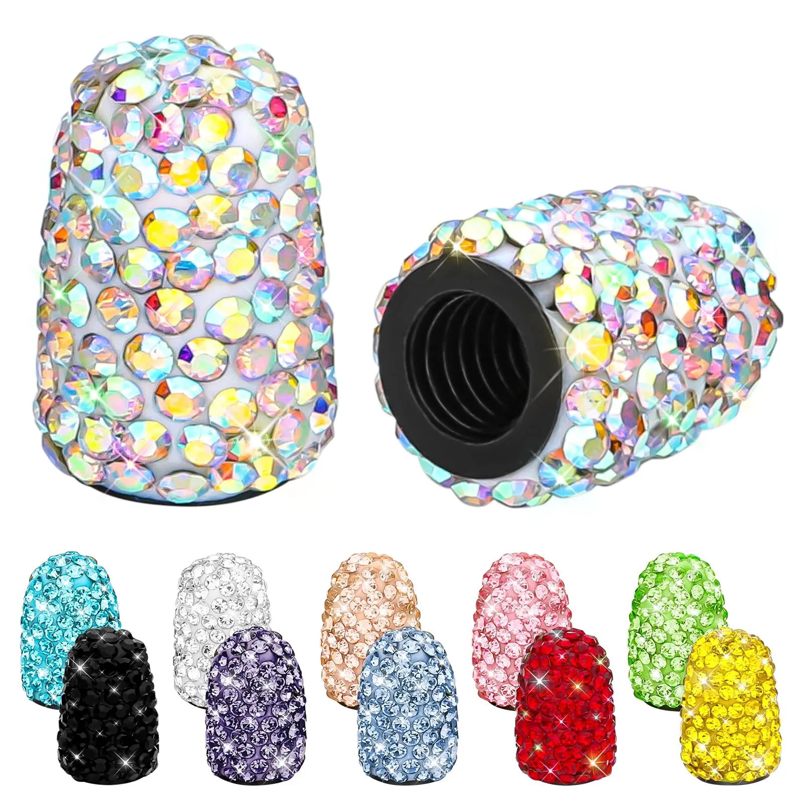 SAVORI Bling Rhinestone Presta Valve Caps for Road Bikes - 2 Pack, AB Color, Stylish Tire Accessories