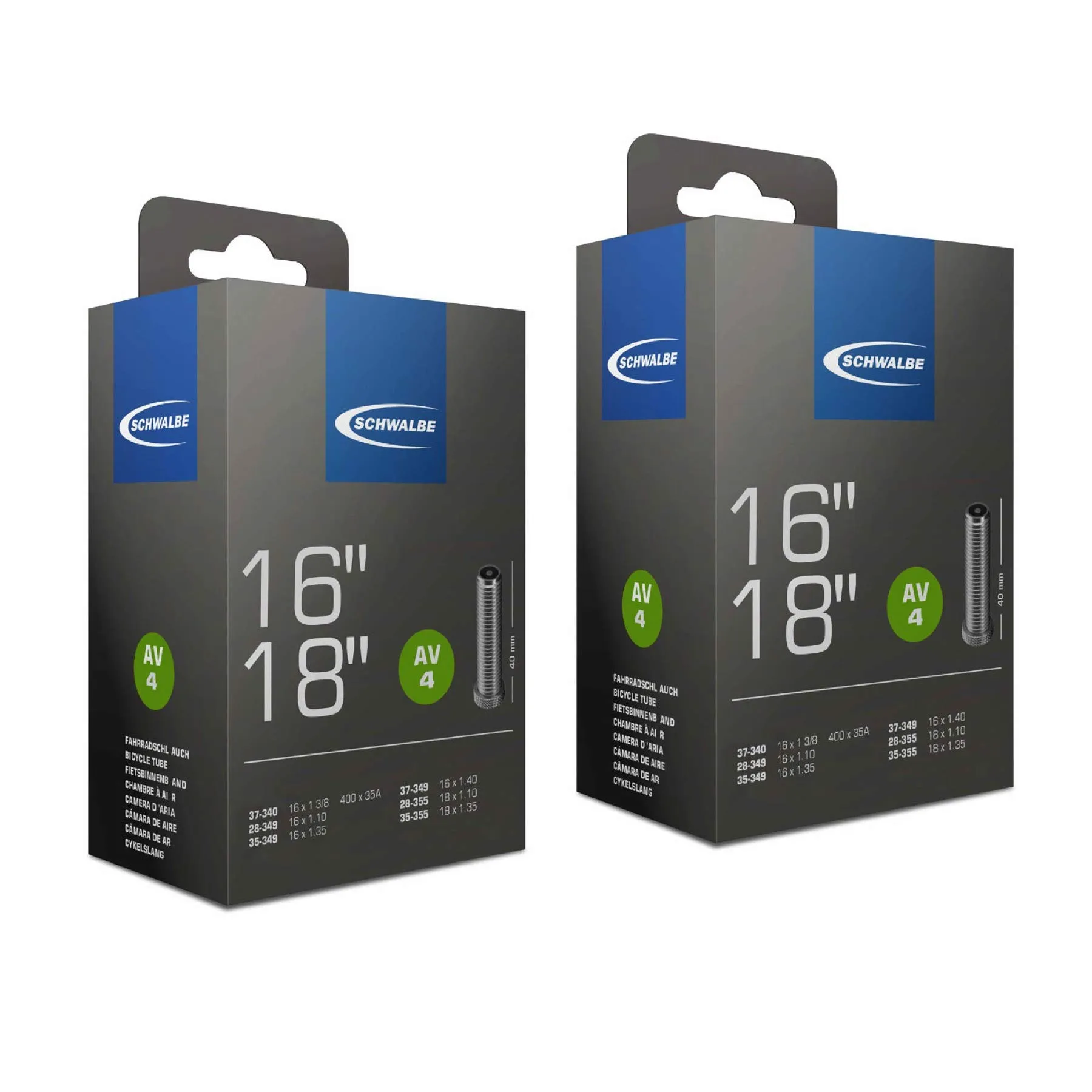 Schwalbe AV4 Inner Tubes - 16 x 1 1/8 to 18 x 1.35in, 40mm Schrader Valve, 2 Pack