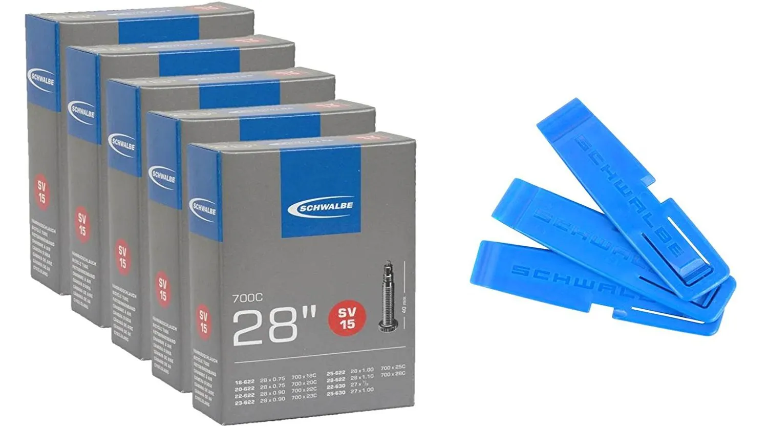 SCHWALBE Bicycle Tubes SV 15 700x18-25 Presta Valve 40mm - Super Value Bundle of 5 & 3 Tire Levers