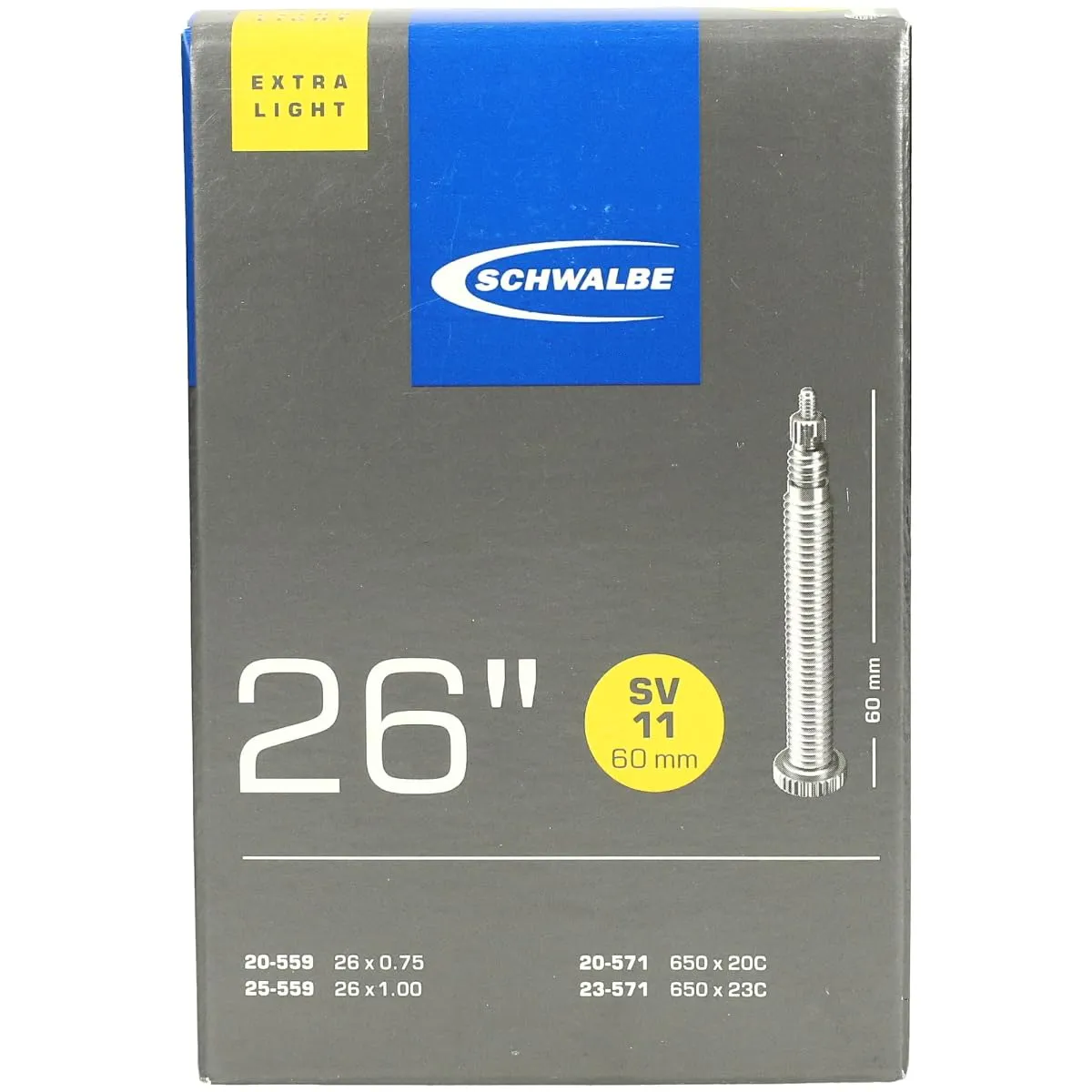 Schwalbe SV11 26' Extra Light Inner Tube 60mm Presta Valve, Reliable 26x1.0 Bike Tube