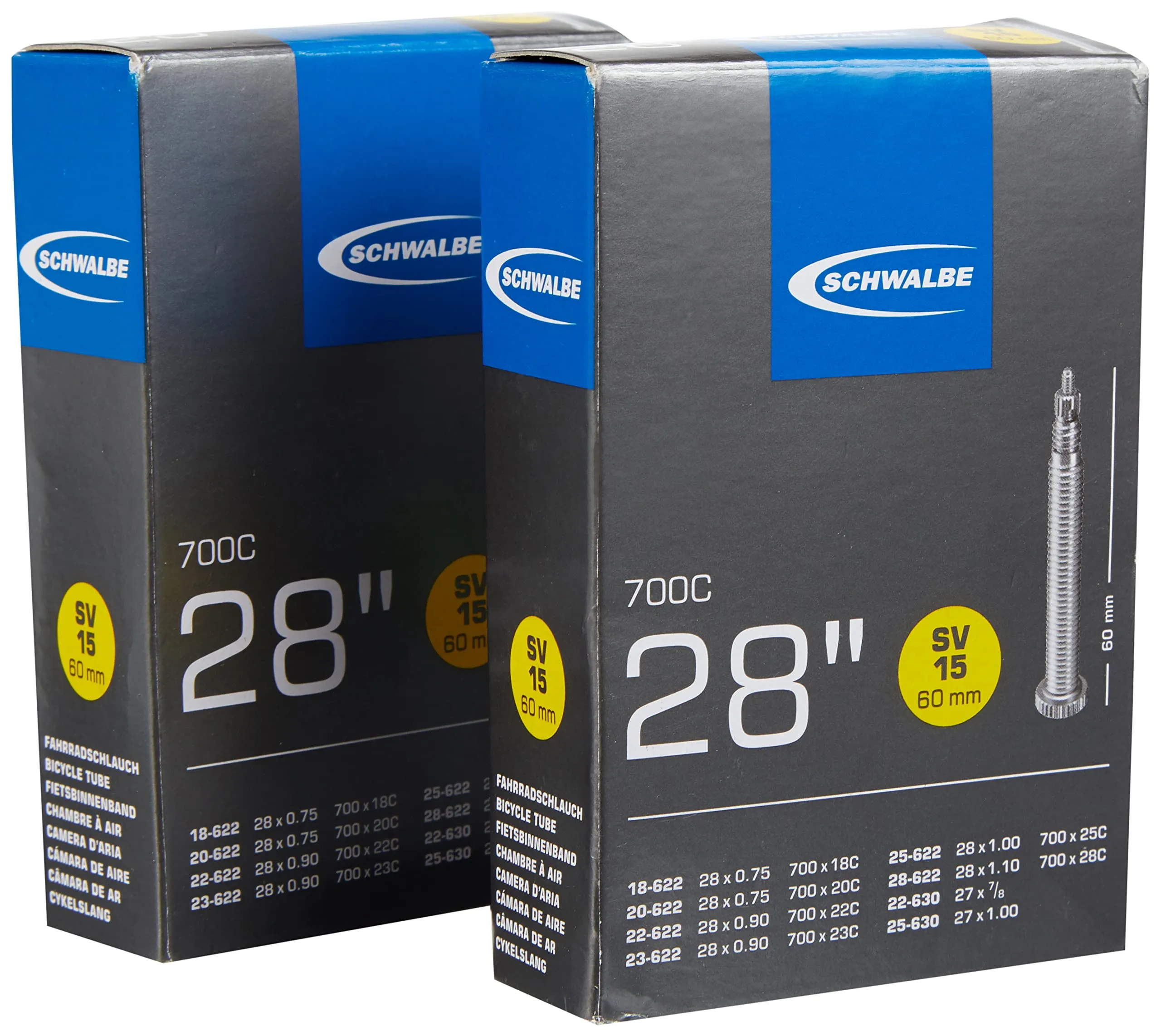 Schwalbe SV15 Inner Tube 700x18-28 Black 60mm Presta Valve - 2 Pack for 700c Wheels