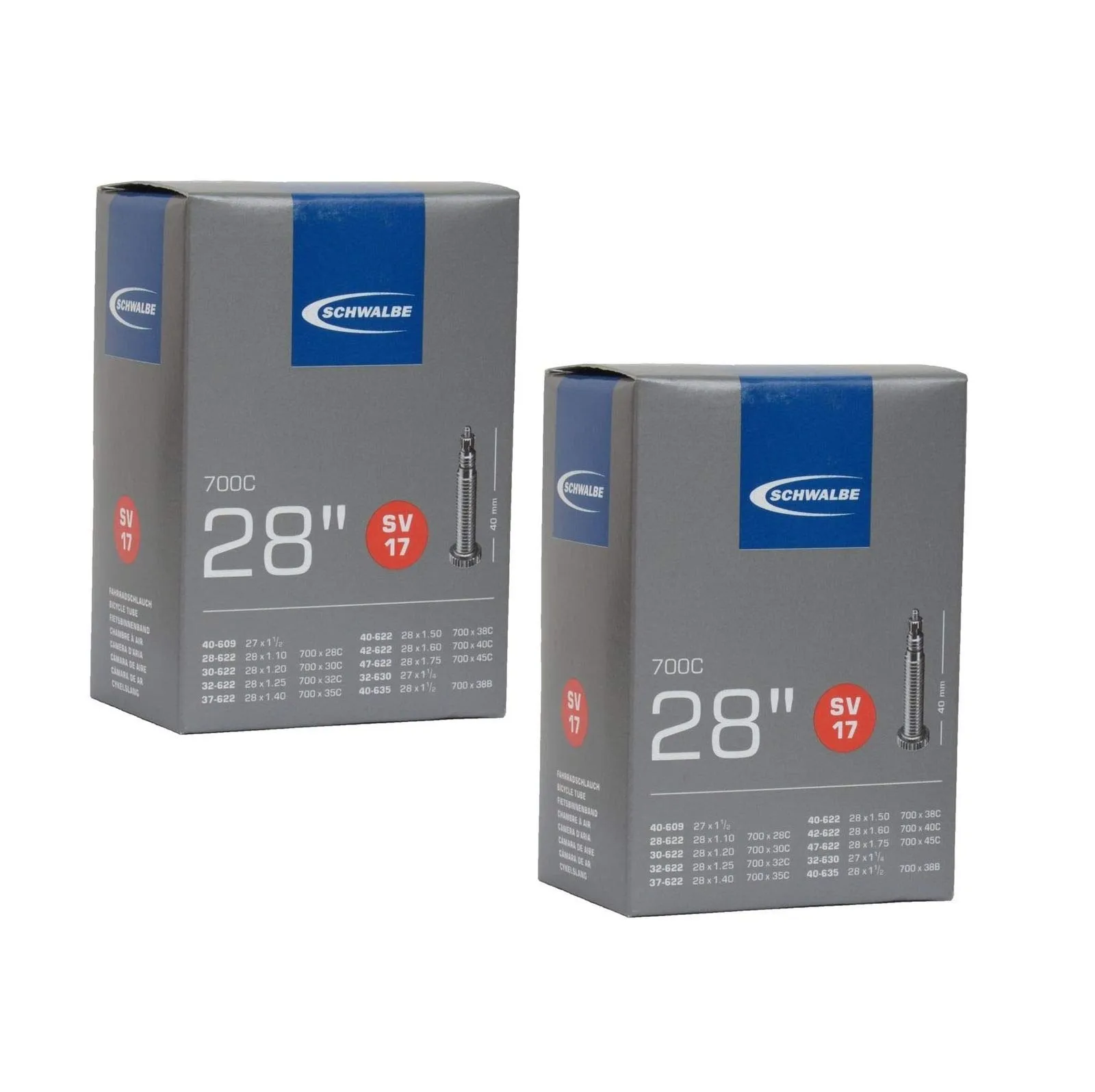 Schwalbe SV17 Inner Tubes 700x28-45c, Presta 40mm Valve - 2 Pack for Touring & Mountain Bikes
