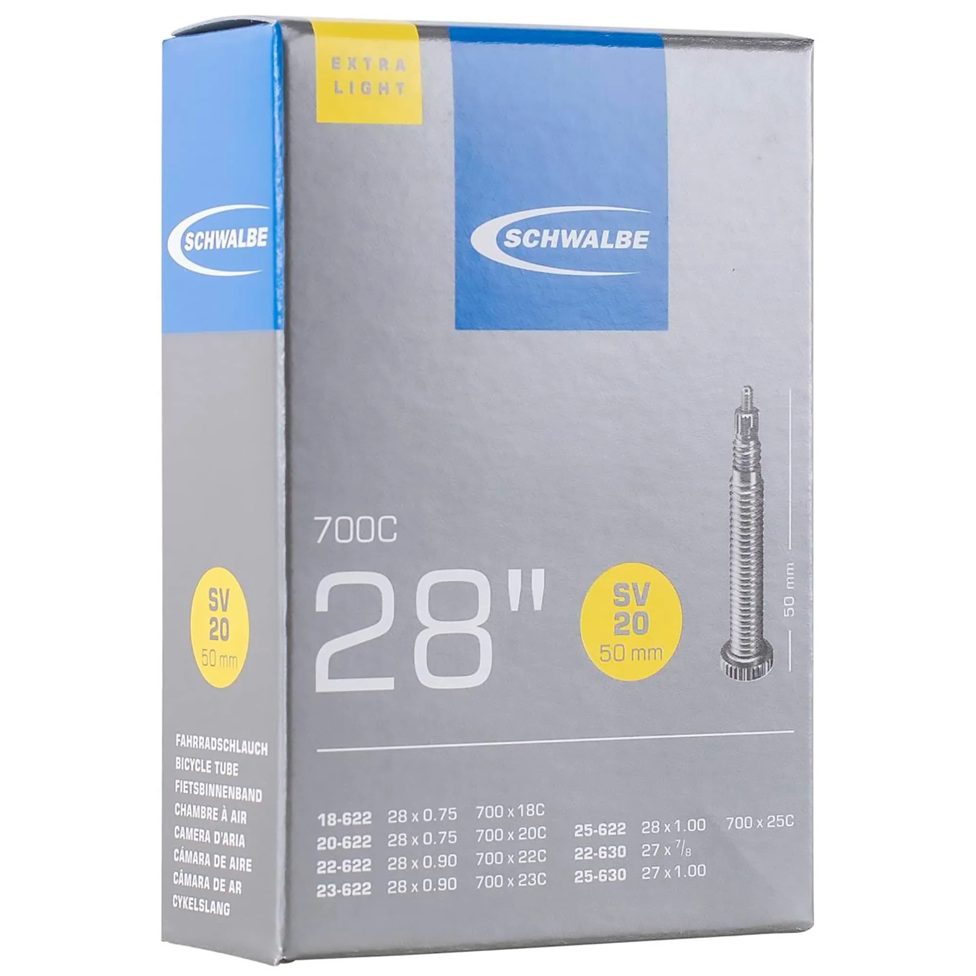 Schwalbe SV20 Extra Light Inner Tube 700x18 - 28' Sclaverant Ventil, 50mm Valve Length