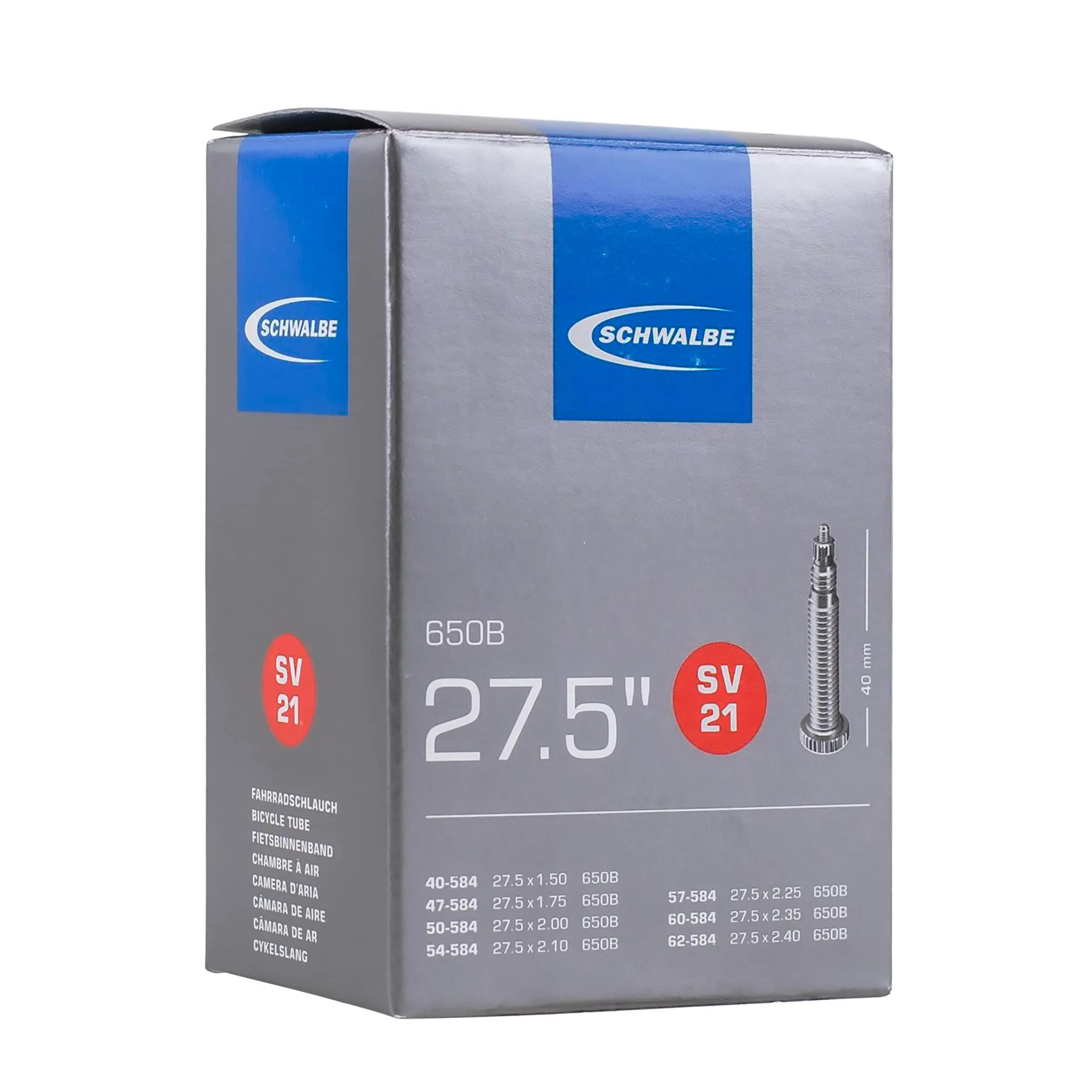 Schwalbe SV21 Tube 27.5 x 1.5-2.4, 40mm Presta Valve, Lightweight Butyl, Removable Core