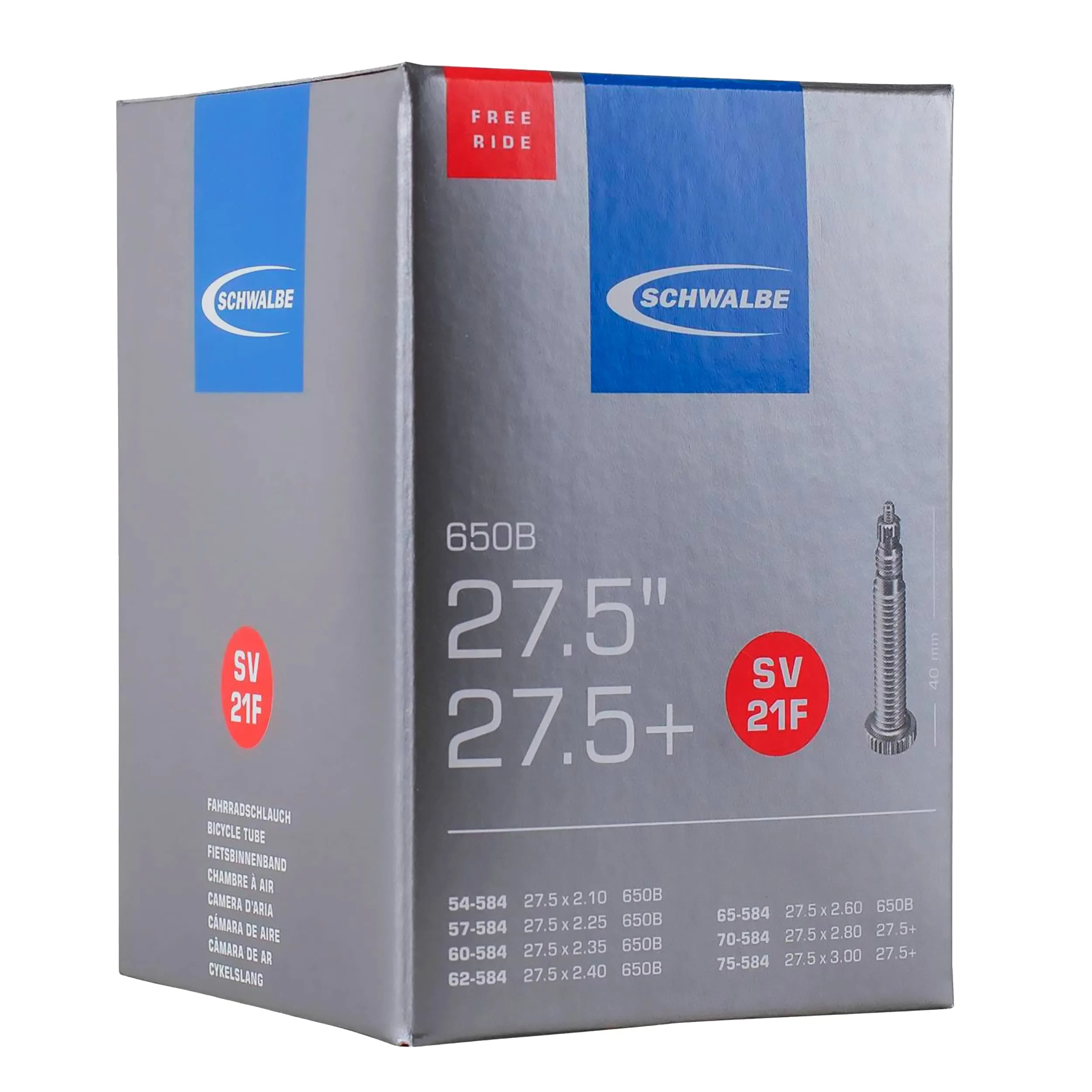 Schwalbe SV21F Presta Tube 27.5 x 2.10-2.30 Inch, Lightweight 200g, Butyl, Low Air Loss