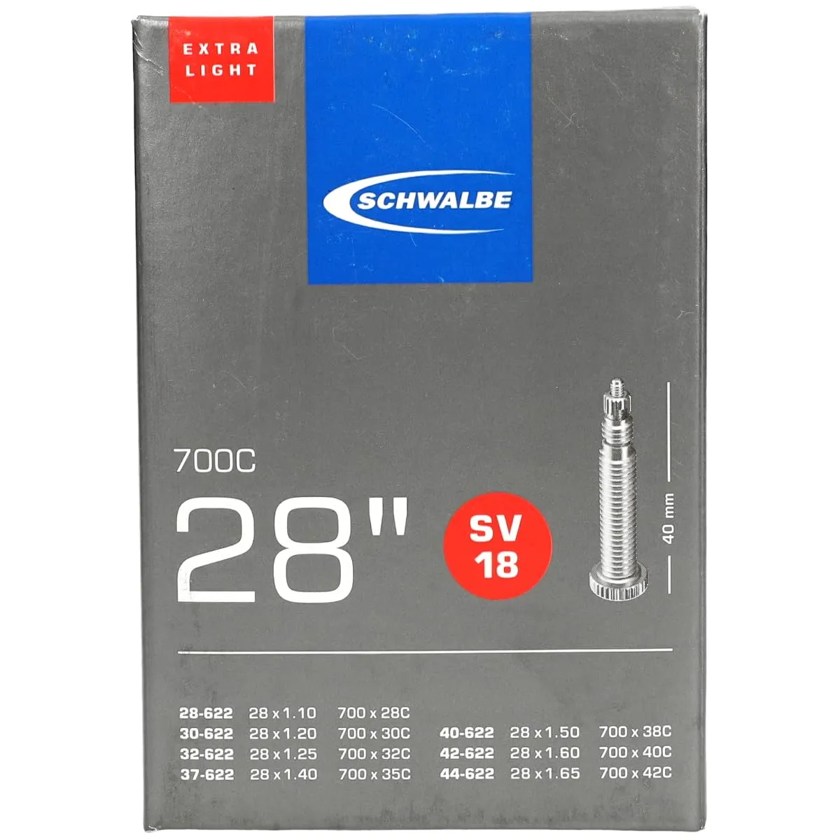Schwalbe Xtra Light Inner Tubes SV 18, 40mm for City & Touring, Black, 26-inch Diameter, Durable Quality