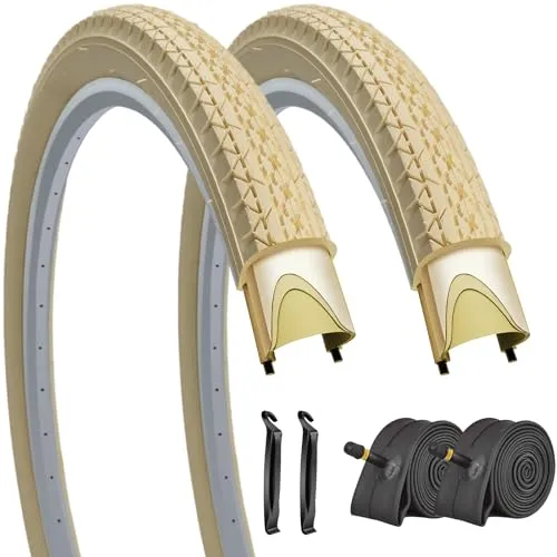 SIMEIQI 26'x2.125' Beach Cruiser Bike Tires Cream Color with Inner Tubes for Urban Riding