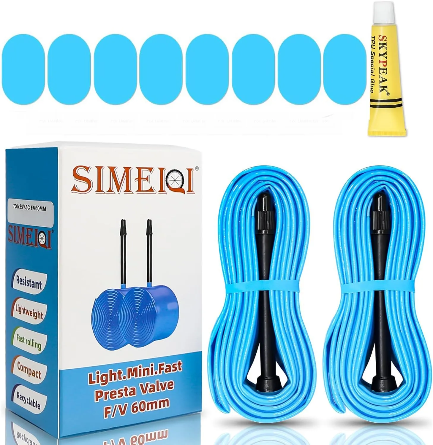 SIMEIQI 700C Ultralight TPU Inner Tube 2 Pack 700x35/38/45 with 60mm Presta Valves & 8 Patches