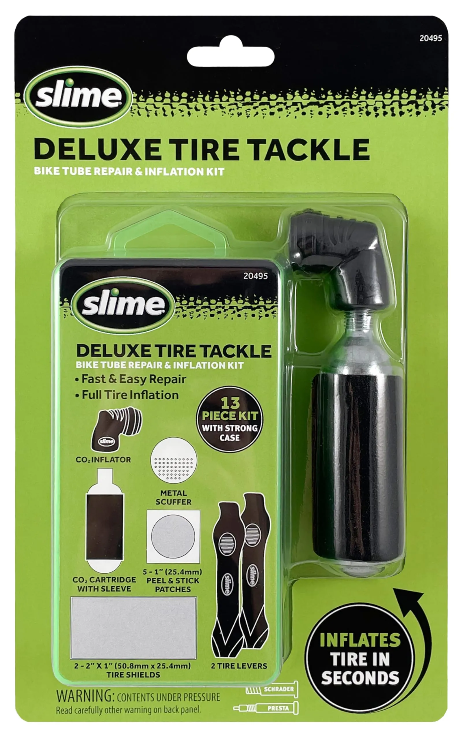 Slime 20495 Deluxe Tire Tackle Bike Tube Repair & Inflation Kit with 13-Piece Tools