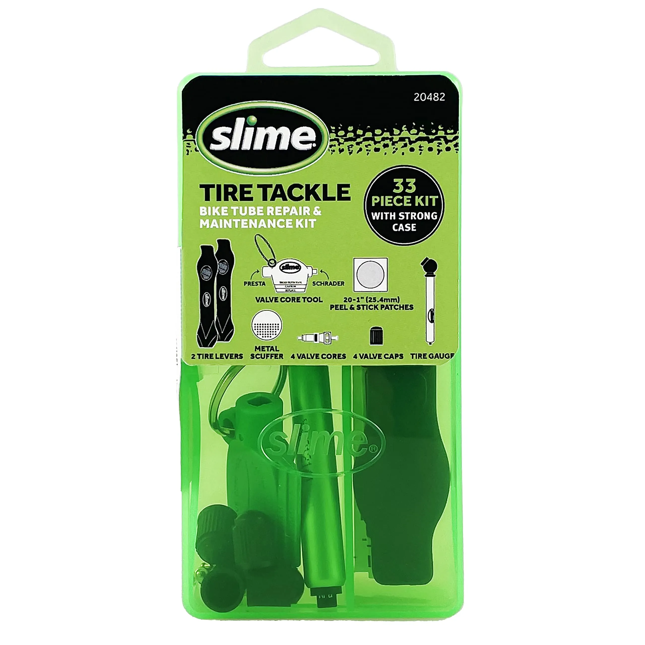 Slime Tire Tackle Kit - 33 Piece Bike Tube Repair & Maintenance Set with Green Pencil Gauge
