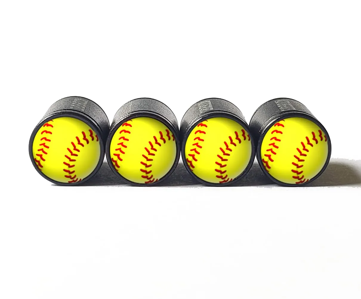 Softball Tire Valve Caps - Black Aluminum - Set of Four - Rustproof for Cars and Bicycles