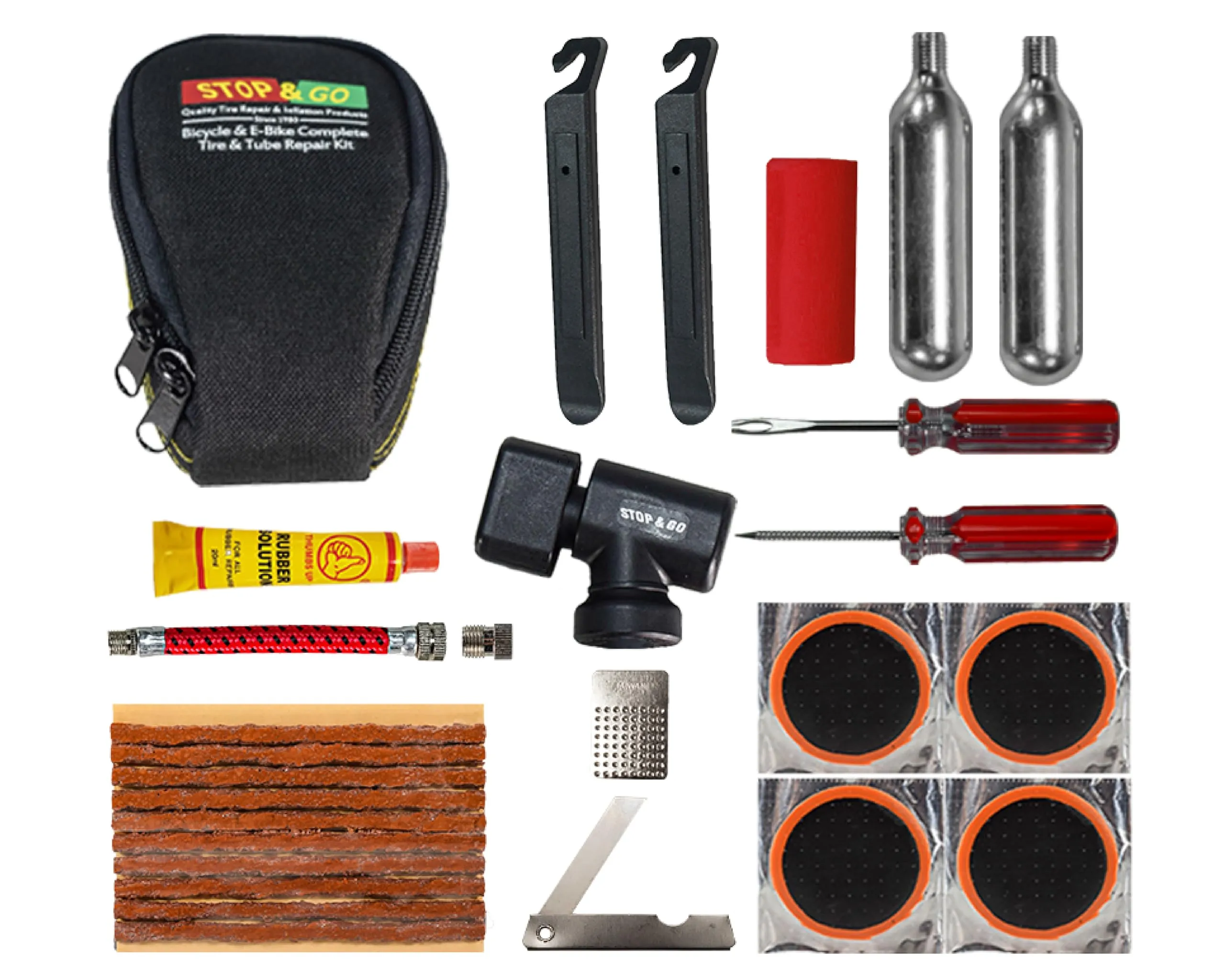 Stop & Go 100 27-Piece Bicycle Repair & Inflation Kit - Tubeless & Tube-Type Tires for BMX, XC, E-Bikes