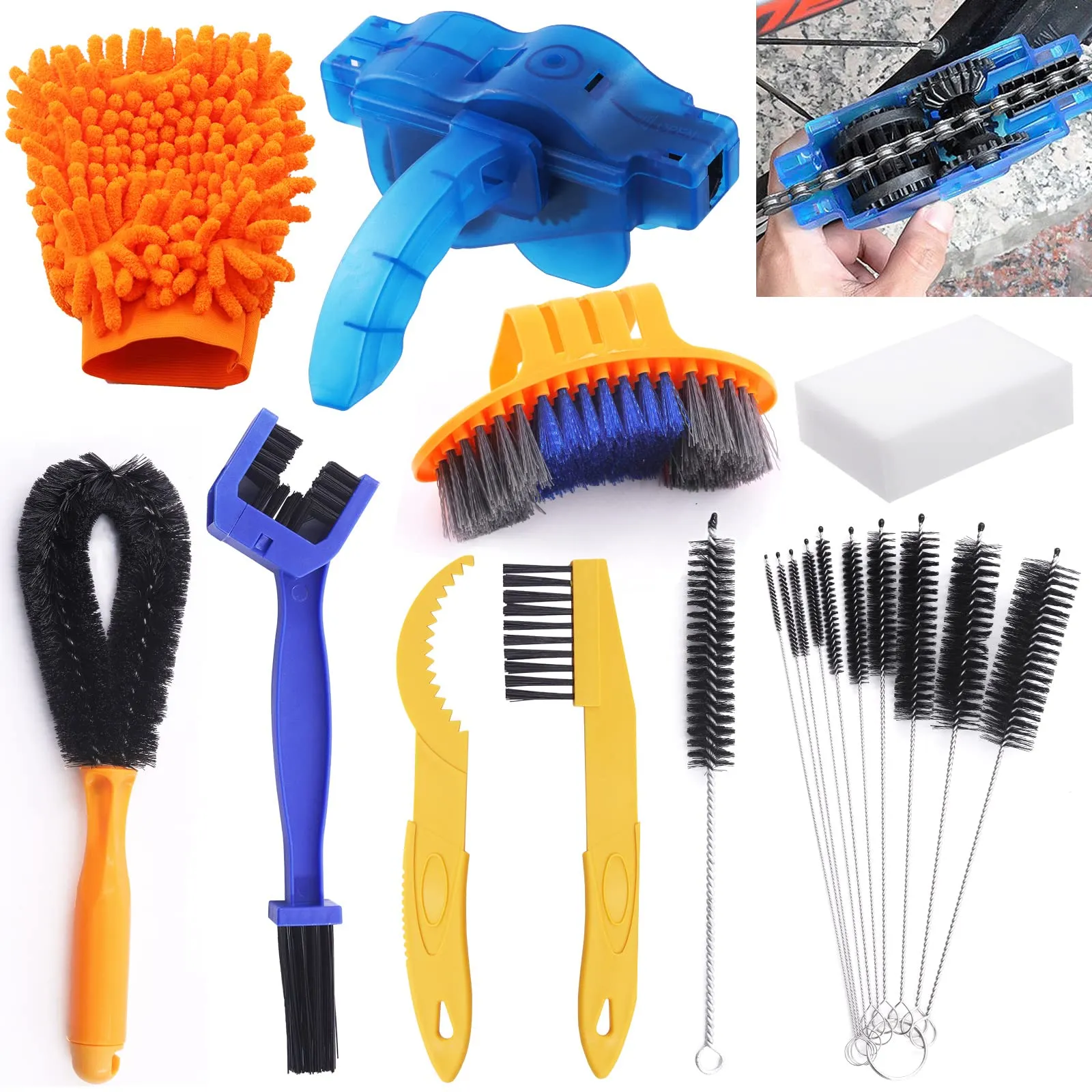 Swpeet 19Pcs Precision Bike Cleaning Kit - Chain Scrubber, Tire Scrubber, Detail Brushes, Sponge