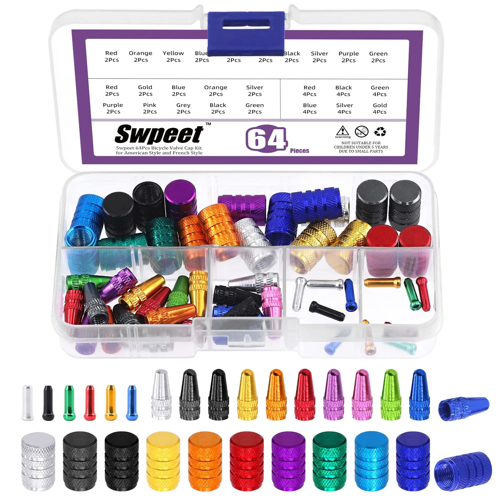 Swpeet 64Pcs Multi-Color Aluminum Alloy Bike Cable End Caps Assortment Kit for Cycling