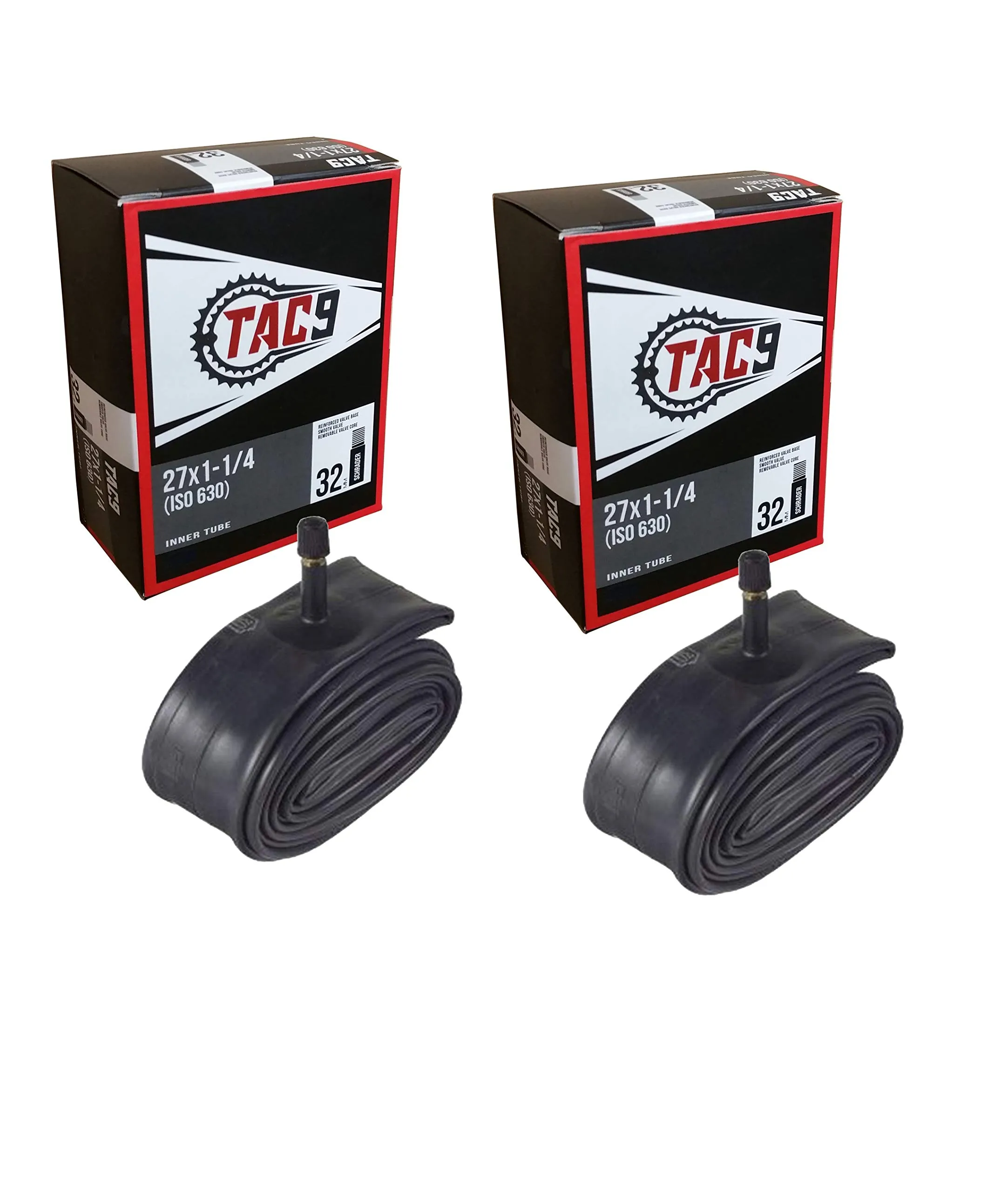TAC-9 Bicycle Tubes 27 x 1-1/4' Regular Schrader Valve - High-Pressure Inner Tube 2 Pack