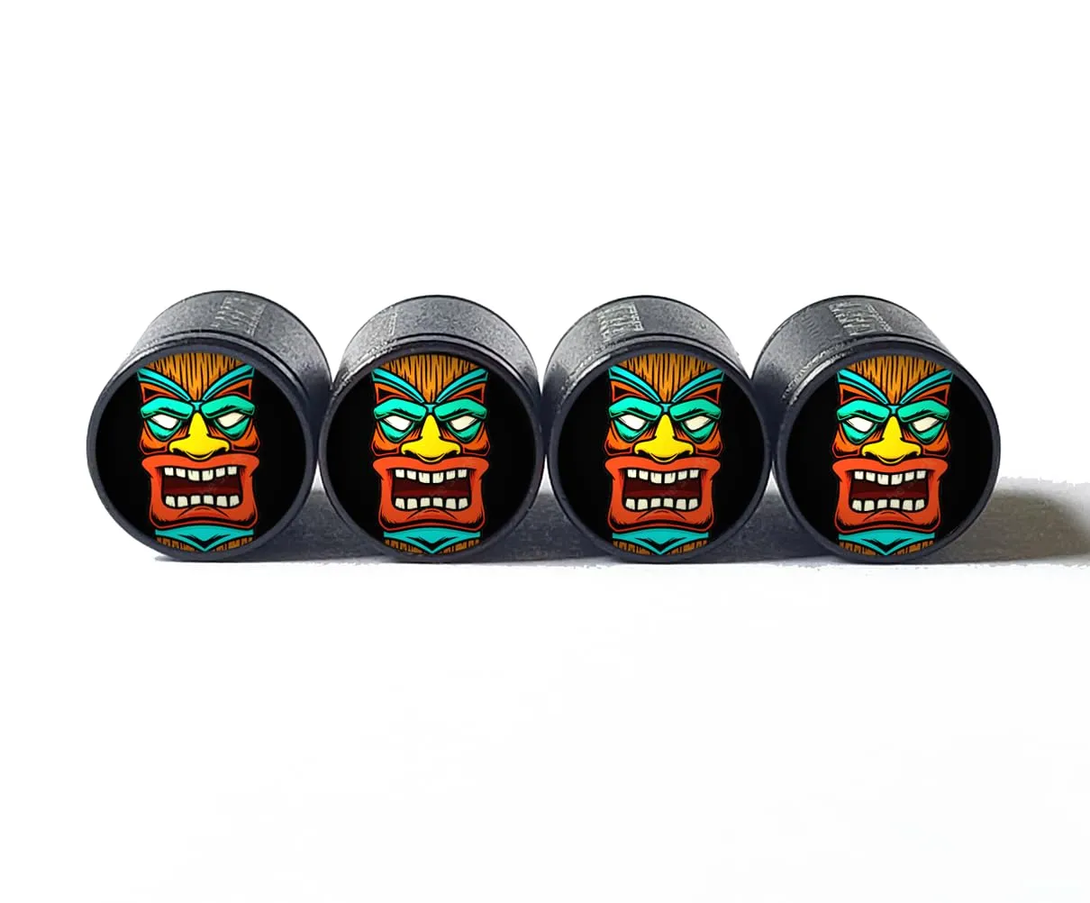 Tiki Head Tire Valve Caps - Black Aluminum Set of Four for Auto & Bicycle - Rustproof Design