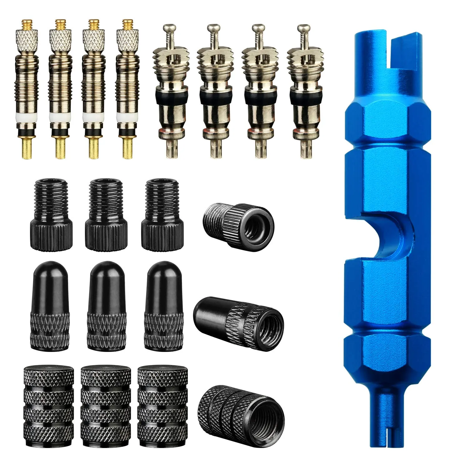 Tire Repair Kits with Valve Core Tool, Presta, Schrader Cores, and Adapters for Cars & Bikes