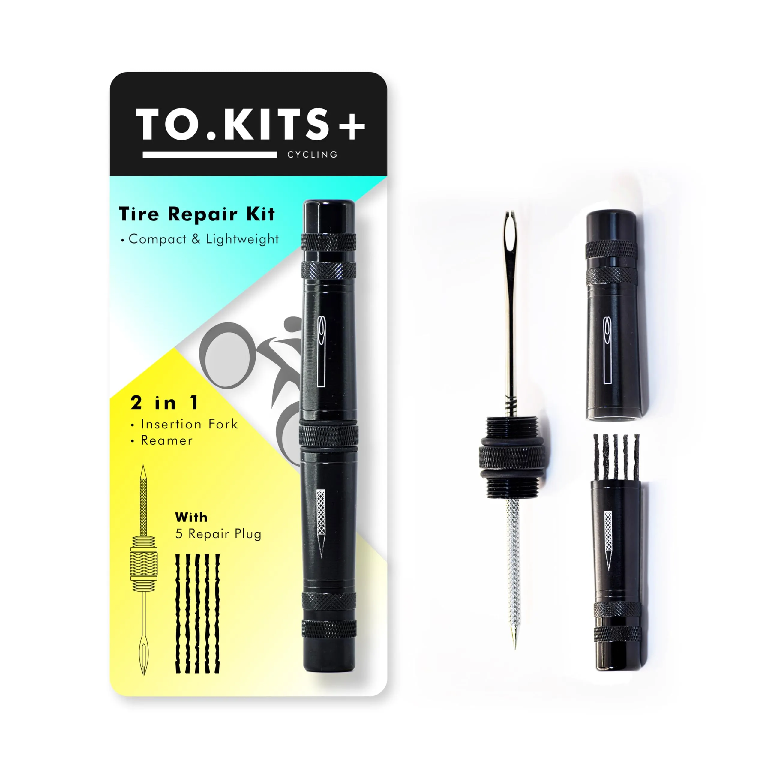 TO.Kits+ Portable Tubeless Tire Repair Kit - Black Aluminum - Compact Bike Tool Kit for Flat Fix
