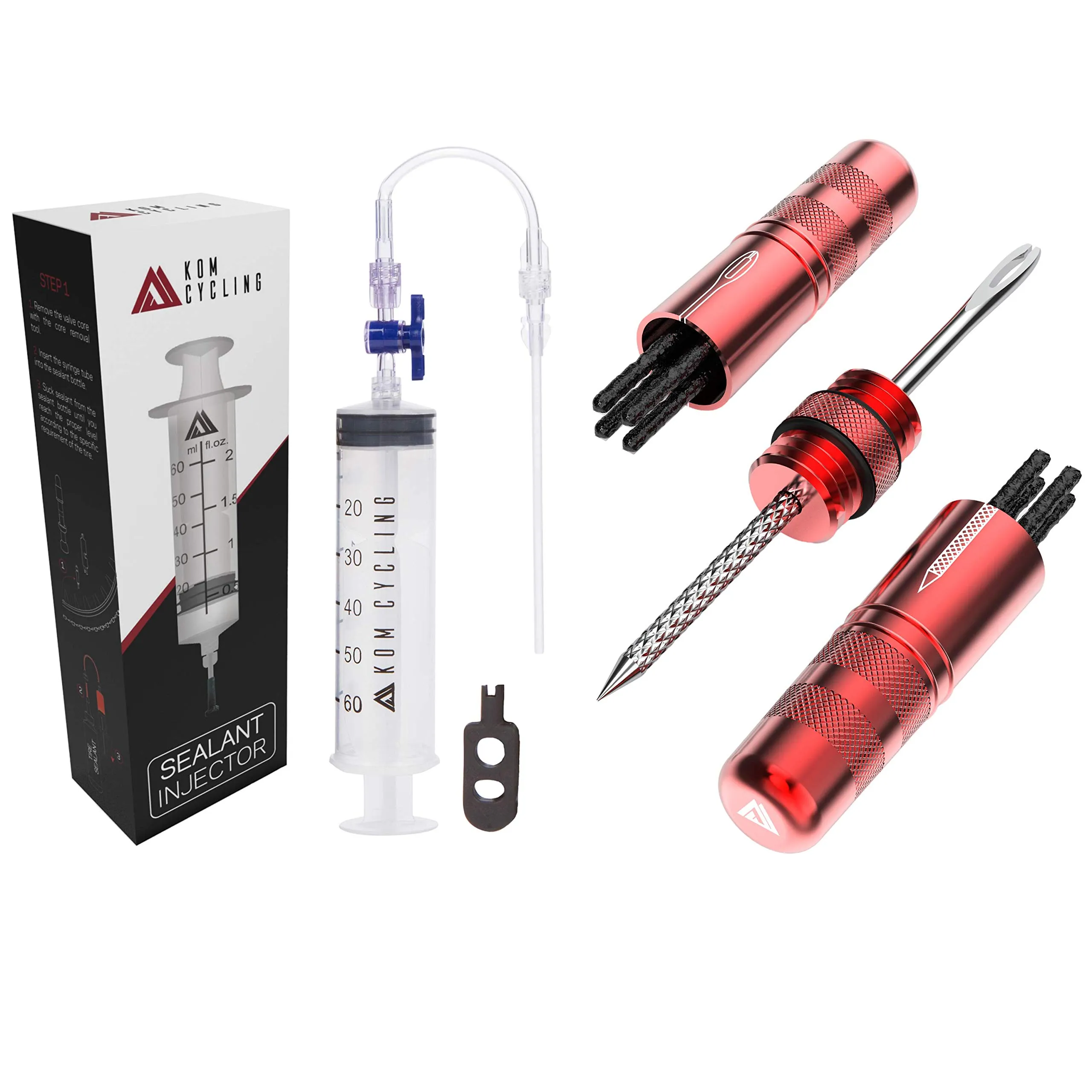 Tubeless Sealant Injector and Tire Repair Tool Bundle - KOM Cycling - Red - Essential Bike Accessories