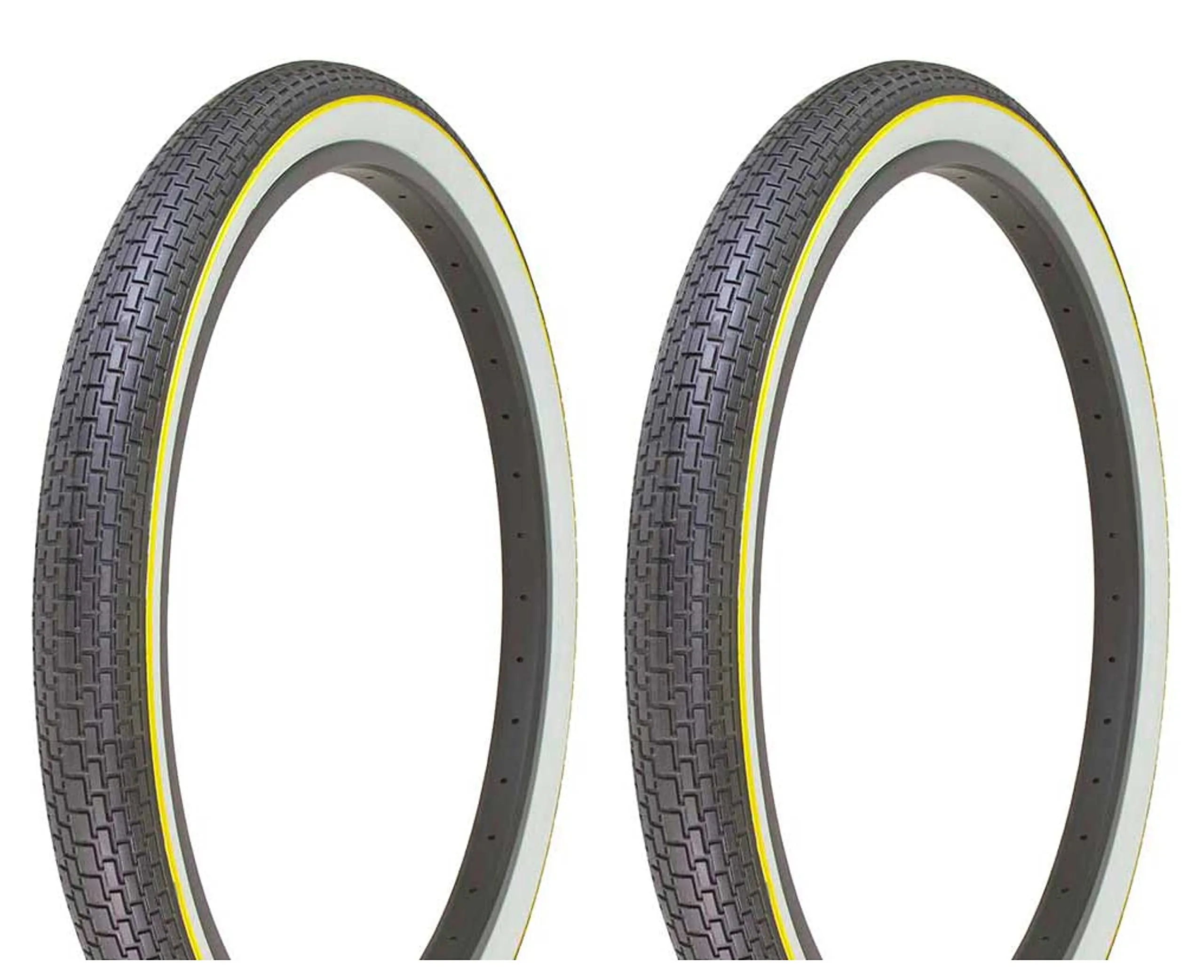 Two Duro 26 x 2.125 Bike Tires Black/White Side Wall Yellow Line HF-120A for Smooth Rides