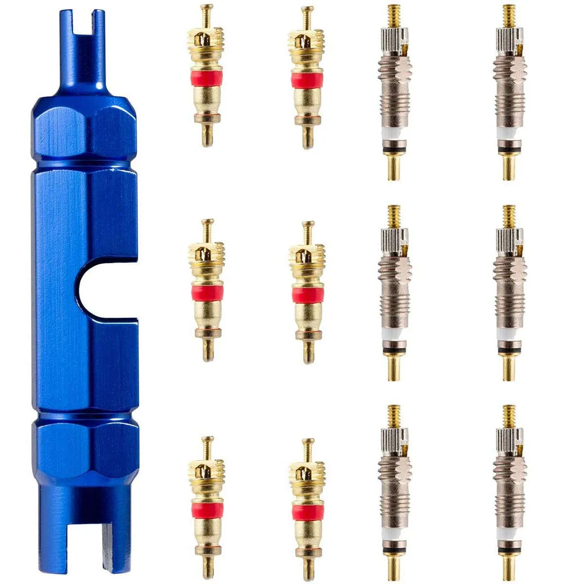 Valve Core Remover Tool Kit for Bikes & Cars - Includes Brass Presta and Schrader Valve Cores