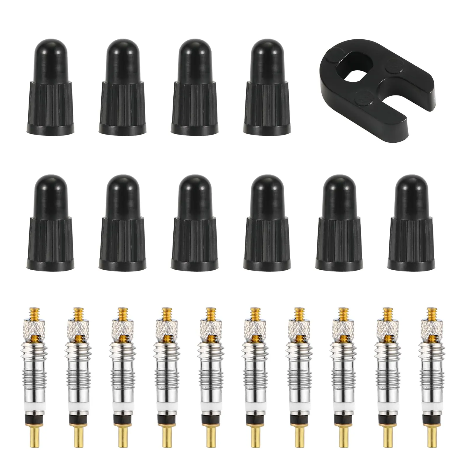 Valve Core Repair Kit for Presta - 10pcs Brass Tubeless Cores, Valve Caps & Removal Tool