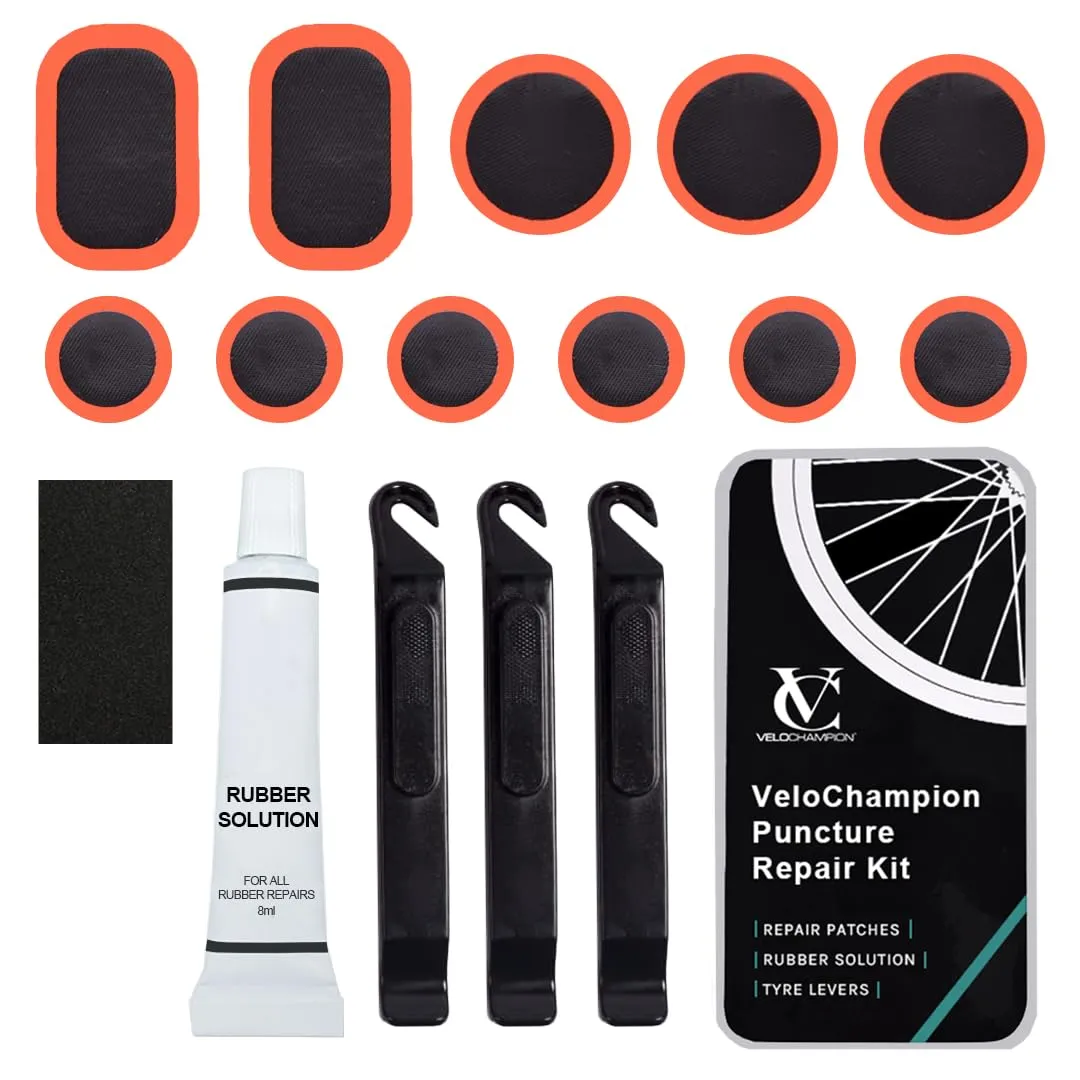 VeloChampion Bike Inner Tube Patch Kit - 11 PCS Patches, 3 Tire Levers, Portable Box, Sandpaper