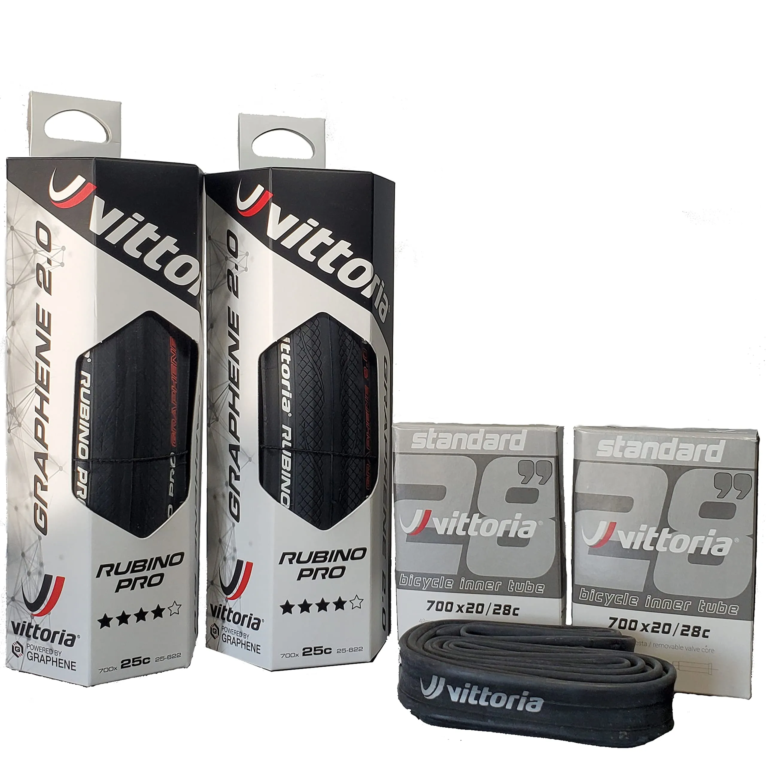 Vittoria Rubino Pro IV Graphene 2.0 Tire Set - 2 Performance Road Bike Tires 700x25c + 2 Tubes