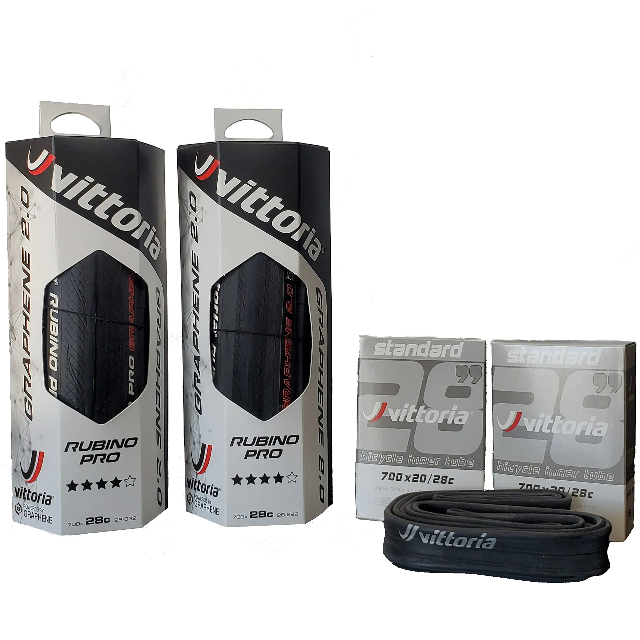Vittoria Rubino Pro IV Graphene 2.0 Tire Set with 2 Inner Tubes - Foldable Road Bike Tires (Full Black)