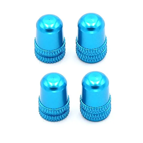 VR 4 Schrader Valve Stem Caps - Blue Anodized Aluminum Dust Covers for Bicycles & Motorcycles