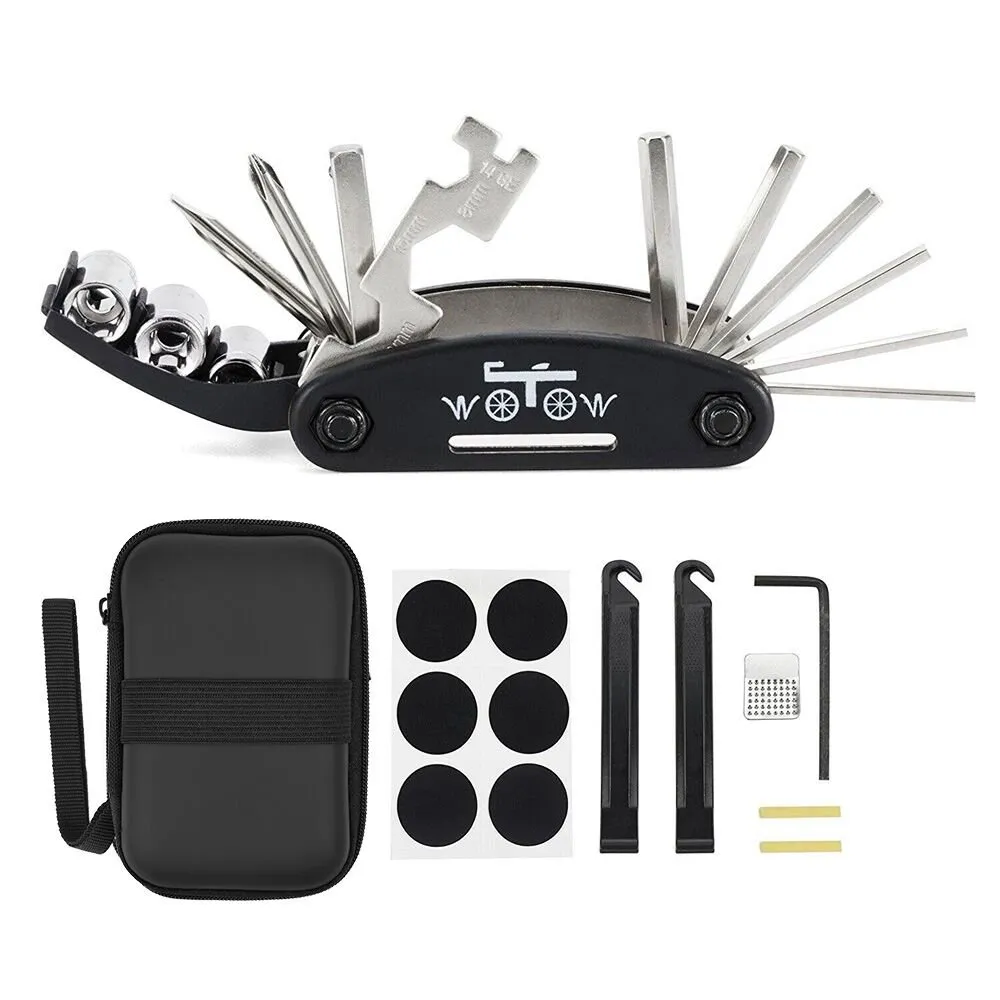 WOTOW 16 in 1 Bike Repair Tool Kit - Portable Multitool for Cycling with Tire Patch Kit & Case