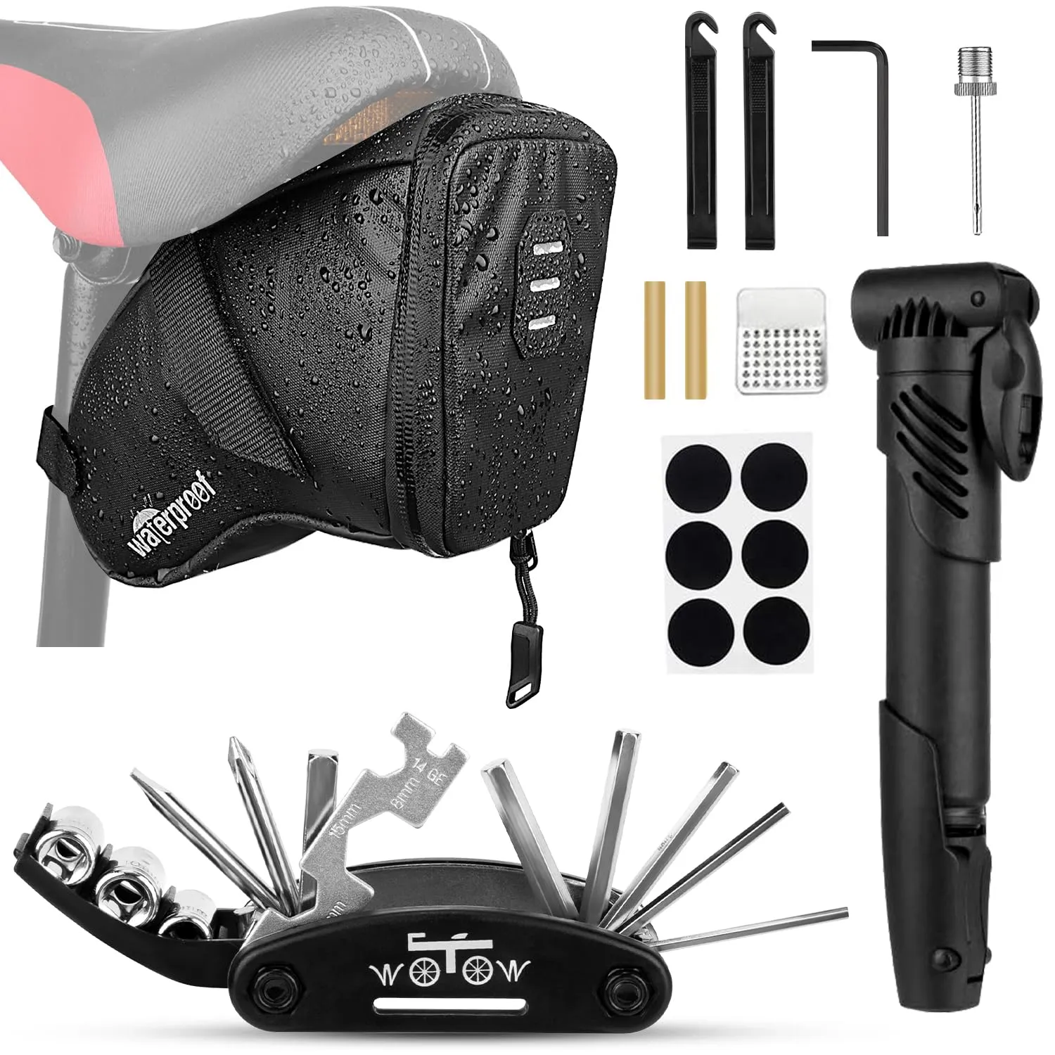 WOTOW Waterproof Bike Repair Kit with Mini Pump, Saddle Bag, 16-in-1 Tool & Patches for Cyclists