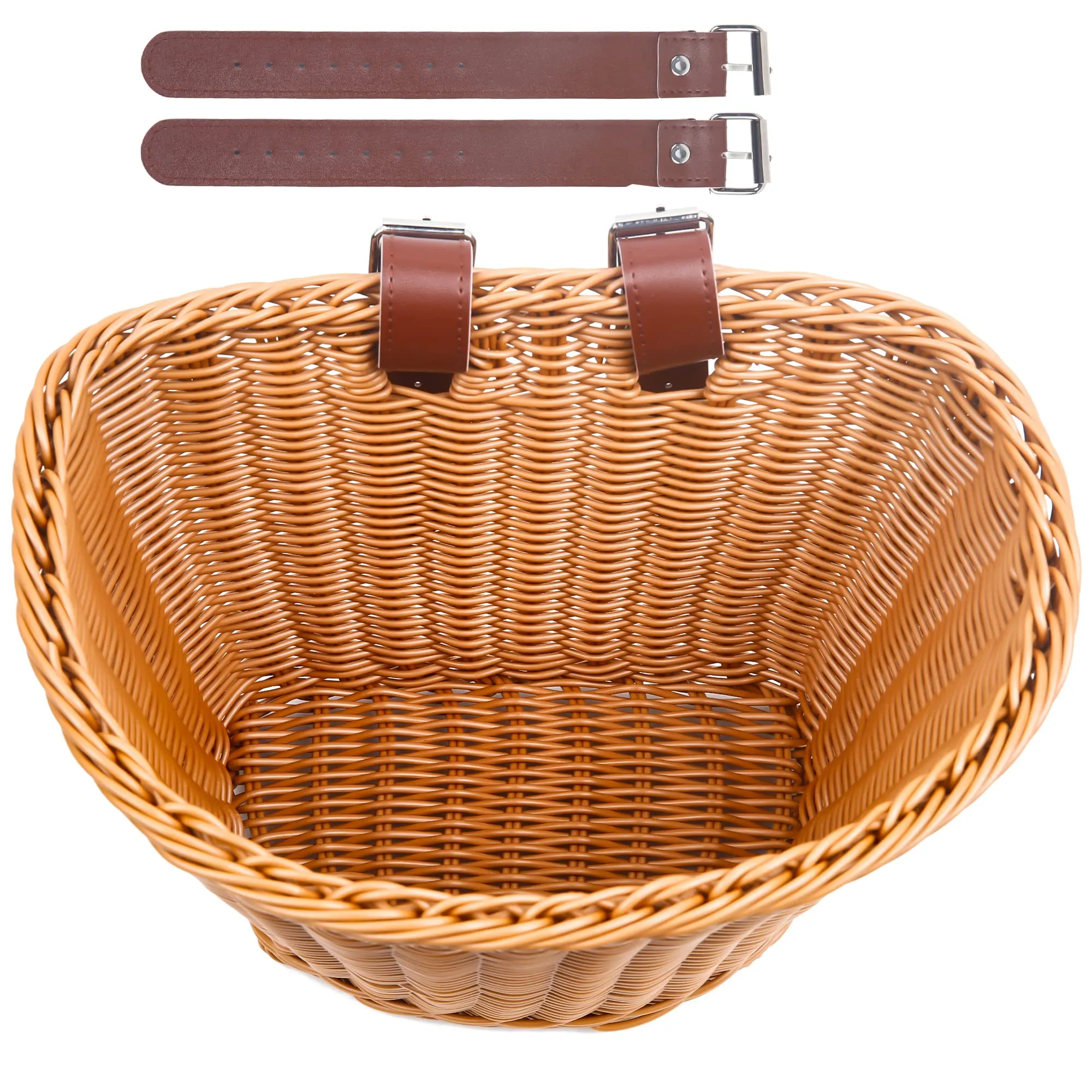 Woven Plastic Bike Baskets - D-Shaped Handlebar Storage with Adjustable Leather Straps