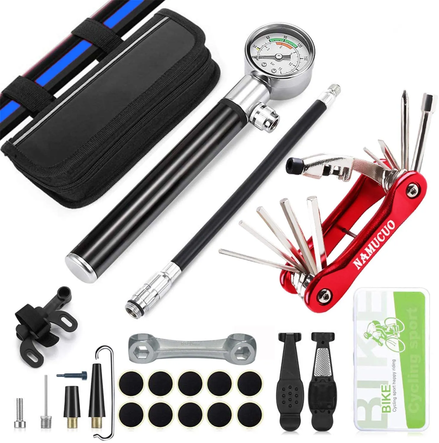YBEKI Bike Tyre Repair Tool Kit with 210 PSI Mini Pump, 10-in-1 Multi-Tool, Portable Bag