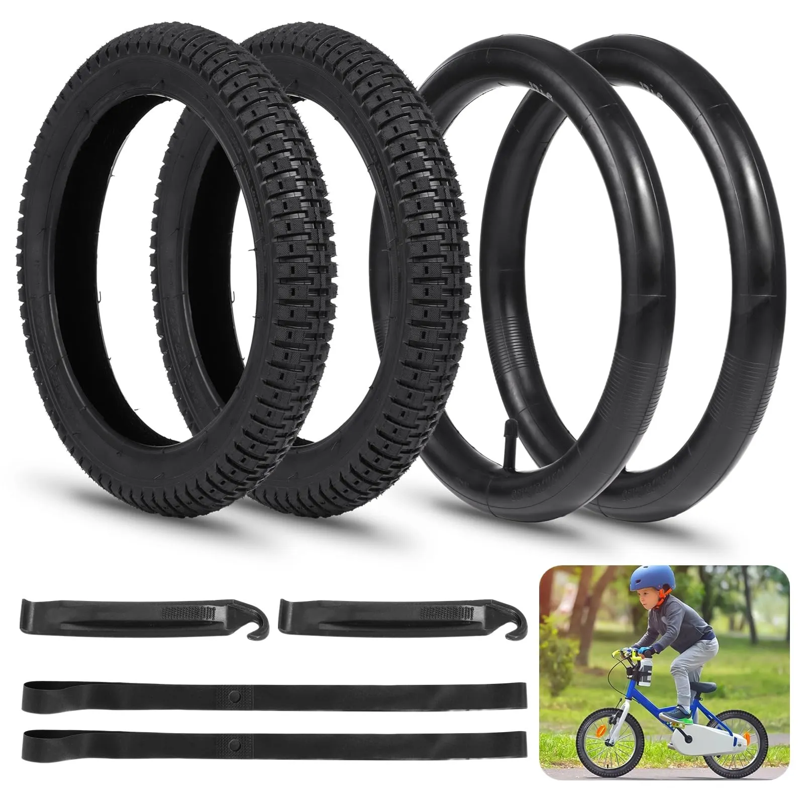 Youth Bike Tire Replacement Set - 14 x 2.125 Inch Tires, Inner Tubes, Levers & Liners for Safety