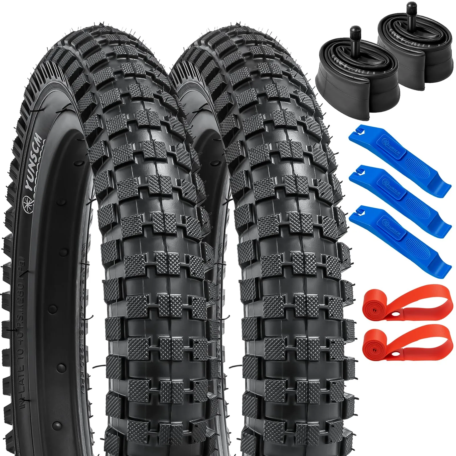 YUNSCM 14' Bike Tires & Heavy Duty Tubes Set with Rim Strips - Durable & Foldable for Mountain Bikes