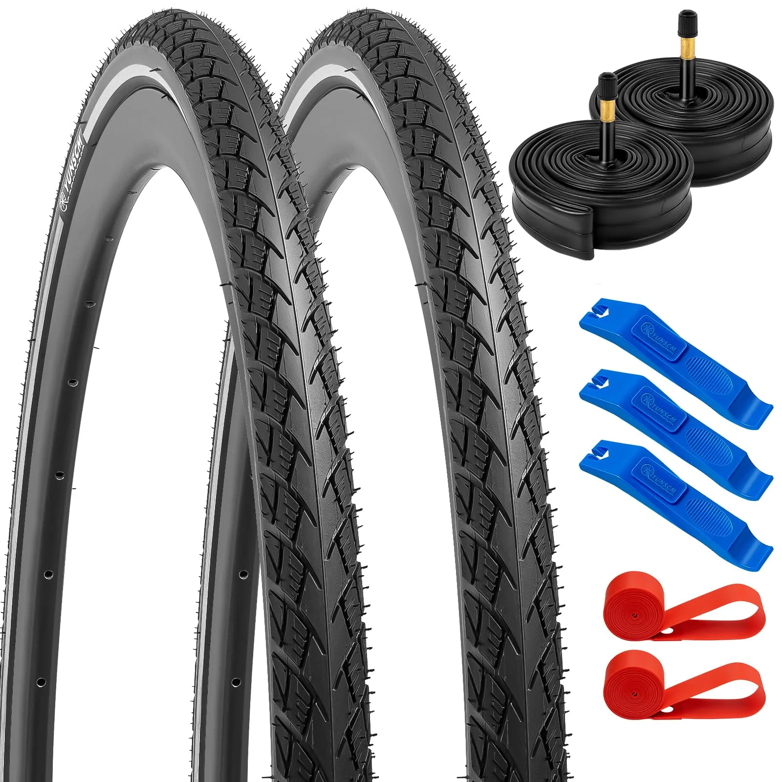 YUNSCM 2-PCS 700C Bike Tires 700x32C with Tubes and Rim Strips for City Riding, Durable & Foldable